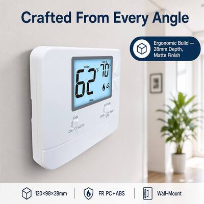 Electronic 24V US Style Air Conditioning Display Size 3.84 Sq In Adjustable Single Stage 1 H 1 C Thermostat Featuring Non Programmable Control