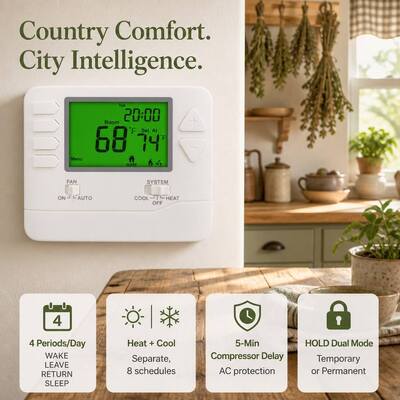 24V LCD Wired Room 1 Heat 1 Cool 7 Day Thermostat Featuring COOL System Operation Mode and Terminal Designations C Ideal for HVAC Integration
