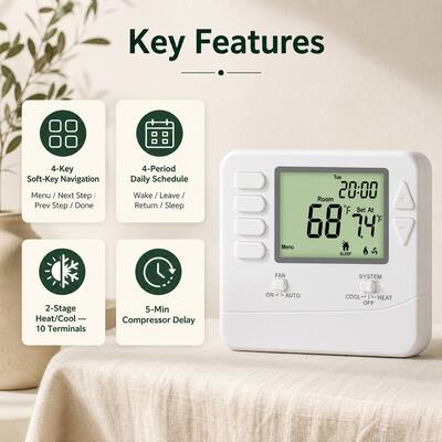 24V or Batteries Operated Programming 7 Day Programmable Mutil Stage Thermostat Equipped with Large LCD Display Mounts On Wall Or Junction Box Enhances Energy Efficiency