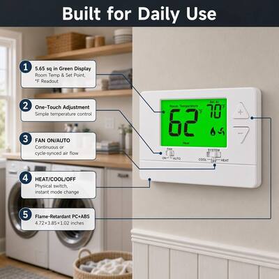 24V Single Stage 1 Heat 1 Cool Non-programmable Heating and Cooling Simple Thermostat for Air Conditioning