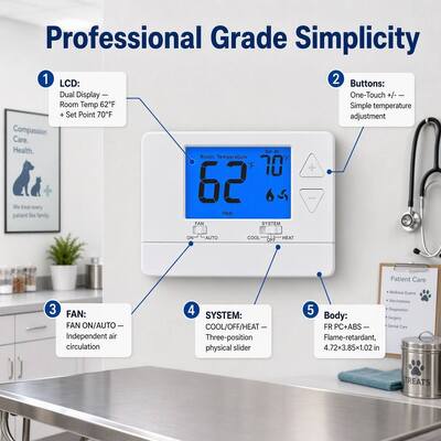 LCD Display Batteries Or 24V Electronic Room 1 Heat 1 Cool Thermostats Offering Heating And Cooling Set Point Limits For HVAC System