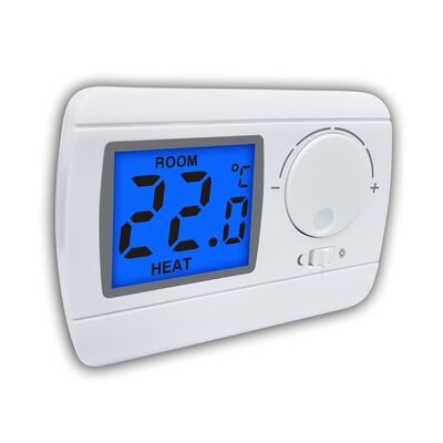 Termóstato para caldeira de cor branca 230V com controle de temperatura, apresentando faixa de temperatura ajustável de 5 a 35°C em incrementos de 0,5°C para desempenho térmico