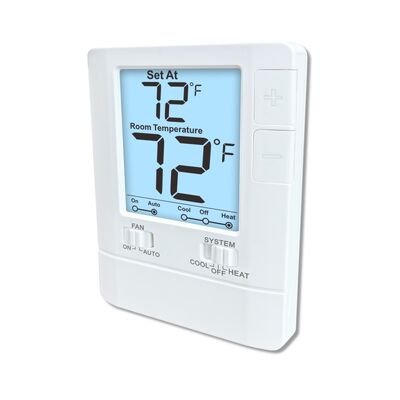 Intervalos de controle de temperatura de 44°F a 90°F Termostato não programável de sala com precisão de mais ou menos 1 grau Celsius e tamanho 86mm Largura 125mm Altura 27mm Profundidade
