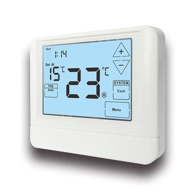 24V Conventional Electronic Room Touch Screen Programamble Thermostat Dimensões físicas 120mm W 98mm H 27mm D e Temperatura 32°F a 99°F 0°C a 40°C Gestão de energia