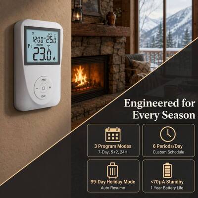 230V aquecimento e resfriamento 7 dias montagem de termostato programável sistemas de aquecimento por piso compatíveis mecanismo de controle de temperatura para motores