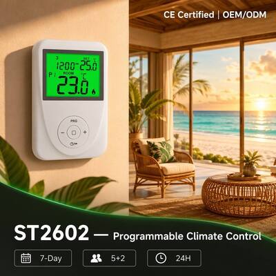Termóstato programável de 7 dias para aquecimento por piso radiante 130 X 86 X 28 Mm para sistemas de aquecimento por piso radiante Faixa de temperatura exibida 0°C a 40°C em incrementos de 0,1°C