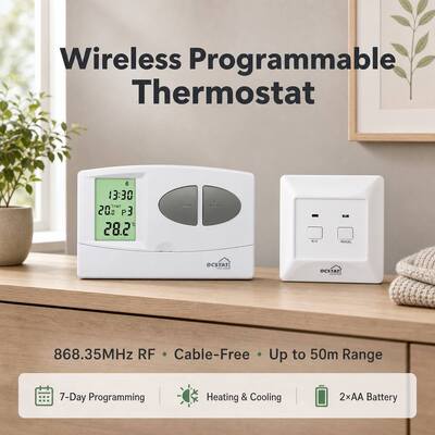 Termostato ambiente sem fios para caldeiras convencionais ou caldeiras, com programação semanal (7 dias), com dimensões compactas do receptor de 86 x 86 x 26 mm e consumo de energia de 6W
