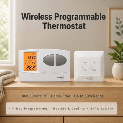 OFF Modo de operação do sistema Caldeira sem fio RF termostato programável 130 X 80 X 35 mm Tamanho compacto Ideal para soluções comerciais de controle HVAC