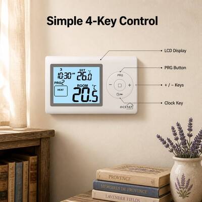 Corrente de espera Corrente de iluminação abaixo de 7mA Sala de caldeira 7 dias Termostato com precisão de exibição mais menos 05 graus Celsius e programabilidade 5 2 dias 24 horas