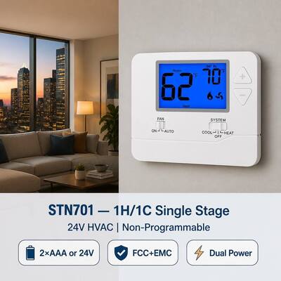 Ar condicionado eletrônico 24V estilo EUA, tamanho de exibição 3,84 pol.², ajustável, estágio único, 1 aquecimento, 1 resfriamento, termostato com controle não programável