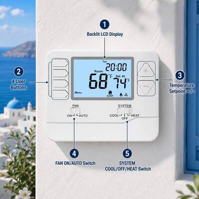 Controlador de Temperatura HVAC com Display LCD Grande de 24V Termostato com Fio 7 Dias 2 Aquecimento 2 Resfriamento Alimentado por Bateria