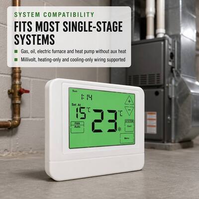 Termostato com Fio com Tela Sensível ao Toque Programável de 24V para Aquecimento e Refrigeração, Operado por Bateria, Adequado para Sistemas de Ar Condicionado HVAC