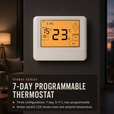 Controlador de Temperatura LCD Grande para Ar Condicionado com Proteção de Compressor, Atraso de 5 Minutos, 1 Aquecimento, 1 Resfriamento, Com Fio, 7 Dias, para Hotel, Casa, Apartamento