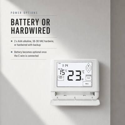 Termostato com tela sensível ao toque programável de 7 dias, operado por bateria de 24V, 1 aquecimento, 1 resfriamento, com fio, para controle de HVAC