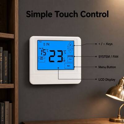 Termostato programável com fio OEM/ODM Touch LCD 24V para bomba de calor 4H/2C com ou sem aquecimento auxiliar ou de emergência