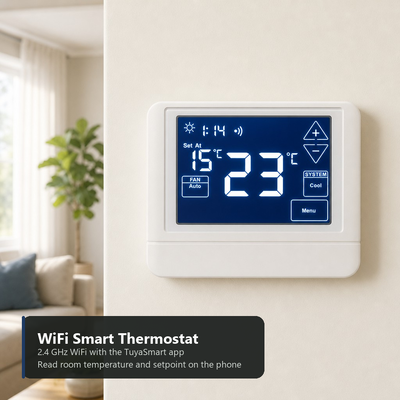 Termostato Inteligente WIFI TUYA com Tela Sensível ao Toque, LCD 24V, 2 AQUECIMENTO, 2 RESFRIAMENTO, 4H 2C para Bomba de Calor com ou sem Aquecimento Auxiliar ou de Emergência