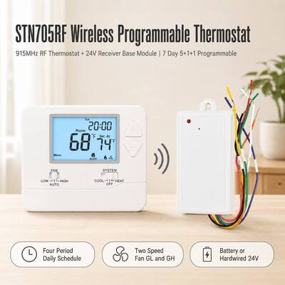 24V Sala sem fio convencional ou bomba de calor 7 dias PTAC RF termostato programável Frequência 915MHZ