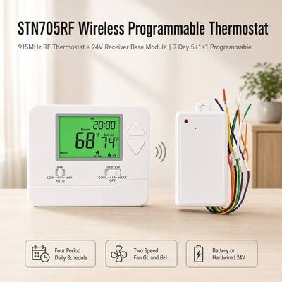 Proteção de Atraso do Compressor 5 Minutos 1 Calor 1 Frio Sem Fio PTAC Termostato Programável 915MHZ para Quarto de Hotel